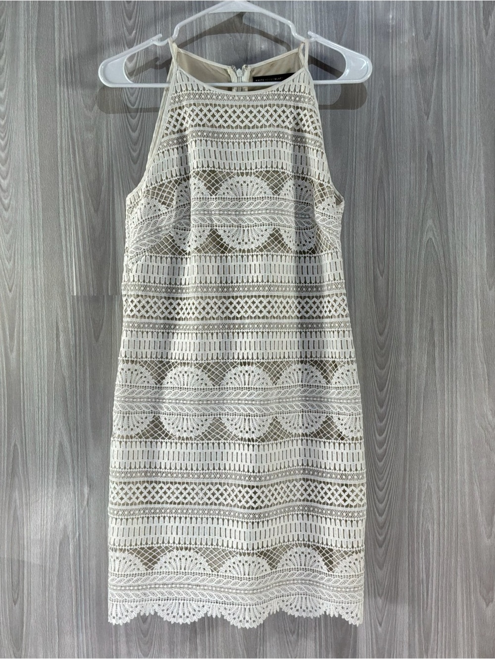 White House Black Market Ivory Lace Sheath Dress Lined Crochet Knee Length 8P